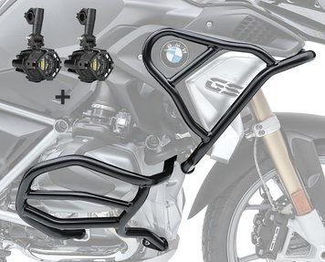 Комплект захисту двигуна + додаткові фари XL8 для BMW R1250 GS 19-23, Motoguard чорного кольору.