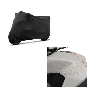 Комплект: Бічна накладка на паливний бак Grip Pad M, прозора чохол для мотоцикла Indoor ML Stretch Garage чорного кольору
