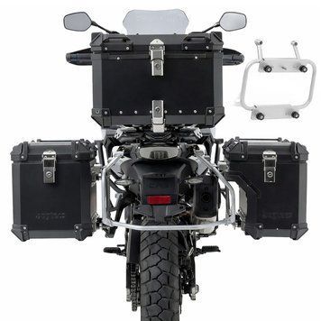 Комплект алюмінієвих бокових кофрів + верхній кофр для CFMOTO 800 MT Explore/Sport/Touring 22-26 + адаптери для багажника + задній багажник Bagtecs чорного кольору