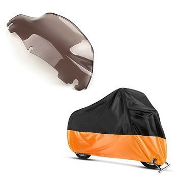Комплект: Вітрове скло, сумісне з Harley Davidson Electra Street Glide 14-23 Craftride Wave, коричневе + Чохол вуличний для Cruiser DH1485, Chopper/CustombikesL, чорно-жовтогарячий