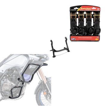 Комплект: комплект основної стійки захисних дуг для Yamaha Tenere 700 19-24 та вище + комплект натяжних ременів з храповим механізмом та гаком, включаючи 4 петлі для кріплення чорного кольору