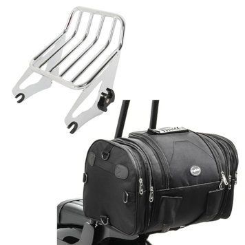 Комплект: Багажная полка W1 съемная для моделей Harley Touring 2009-2021 хром + задняя сумка RB1 багажный рулон 09-25л для Chopper Cruiser