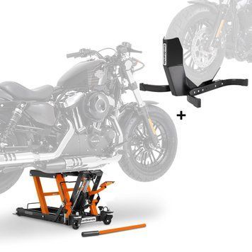 Гидравлический подъемник + противооткатный упор для Harley Sportster 1200 Custom Consstands Midlift L черно-оранжевый