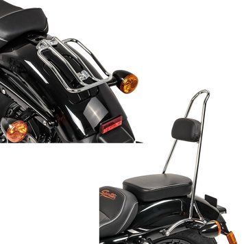 Комплект: Спинка Tall Harley Sportster 04-20 Rider-XXL хром + багажник для Harley Davidson Sportster Solo Rack хром
