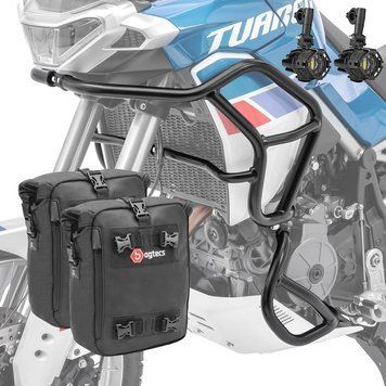 Комплект: защитные дуги Motoguard черного цвета + пара сумок 2x10L Bagtecs CB4 + дополнительные фонари, совместимые с Aprilia Tuareg 660 22-26